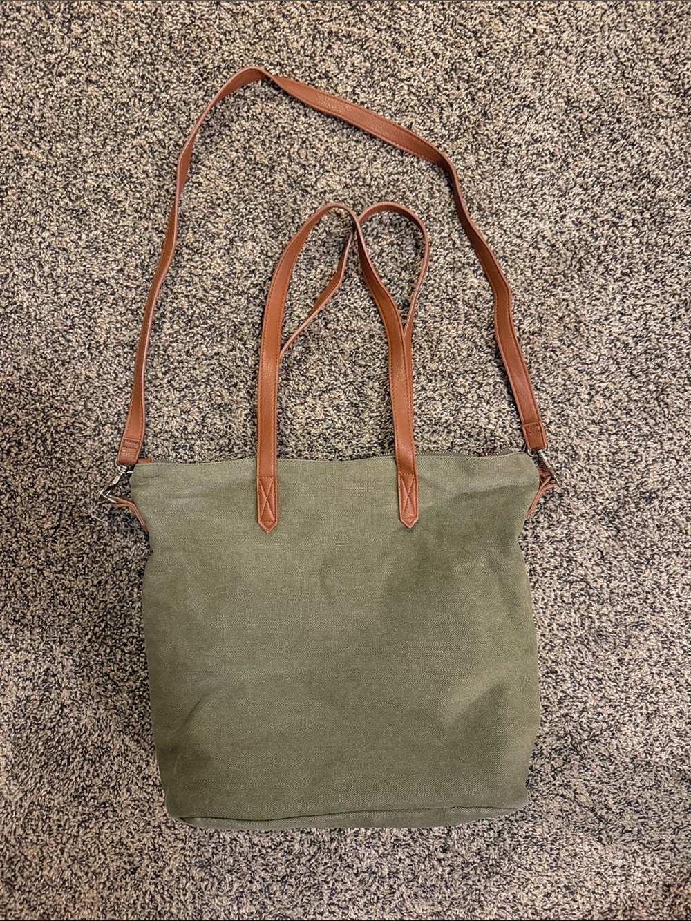 Canvas Tote Bag with Brown Leather Straps - Olive